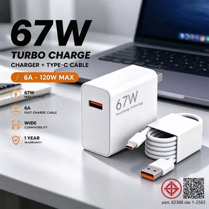 ชุดชาร์จเร็ว XM 67W Type‑C สายชาร์จ 6A Turbo Charge รองรับ Redmi/Poco แท็บเล็ต