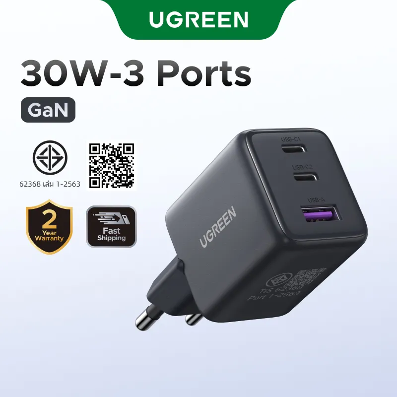 UGREEN หัวชาร์จ Nexode ชาร์จเร็ว 20W/30W GaN USB-C*2/USB-A Fast Charger USB-C 3 พอร์ต…