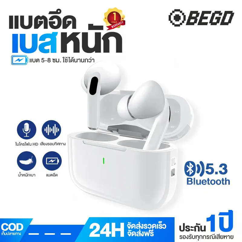 BEGD หูฟังบลูทูธ R6PRO หูฟัง Bluetooth 5.3 พร้อมไมโครโฟนในตัว ลดเสียงรบกวน หูฟังไร้สาย…