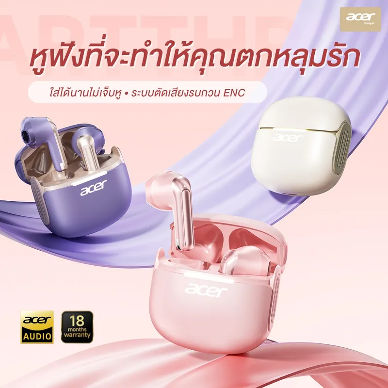 Acer OHR722 TWS หูฟังบลูทูธไร้สาย Bluetoote 5.4 ENC เสียง Hi-Fi ใส่สบาย แบตอึด…